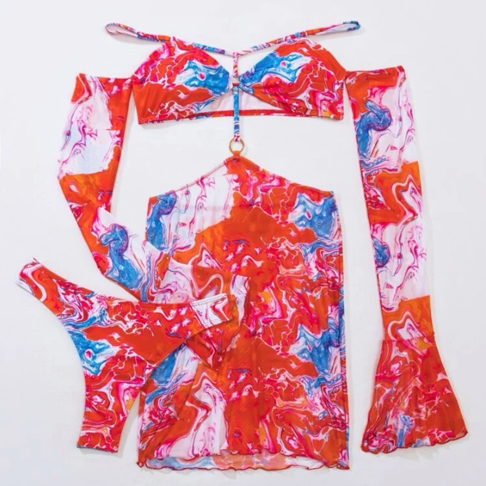 Abstract Fluid Pattern Bikini Swimsuit With 1pair Sleeves